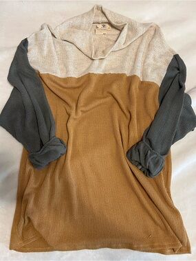 Blu Pepper Block Color Waffle Knit Turtle Neck Tunic - Cream/Camel/Olive